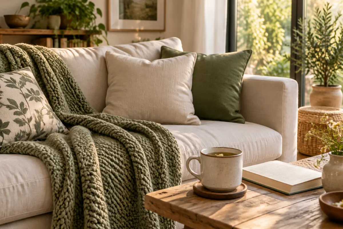 Canapé confortable avec plaid tricoté, coussins et tisane pour se reposer