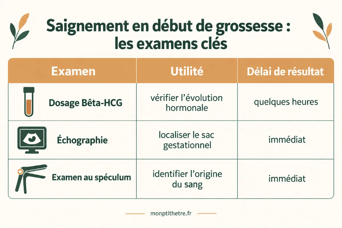 Infographie des examens en cas de saignement en début de grossesse : dosage bêta-HCG, échographie et spéculum