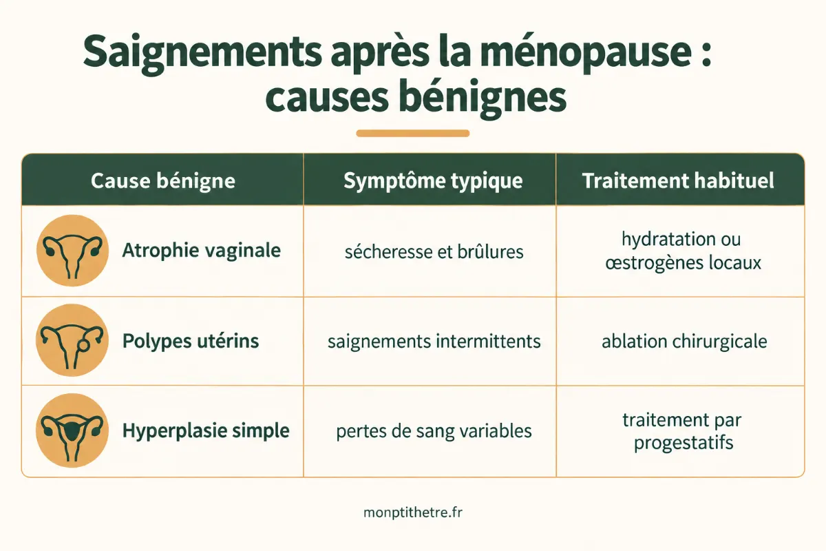 Infographie des causes bénignes de saignements après la ménopause : atrophie, polypes, hyperplasie