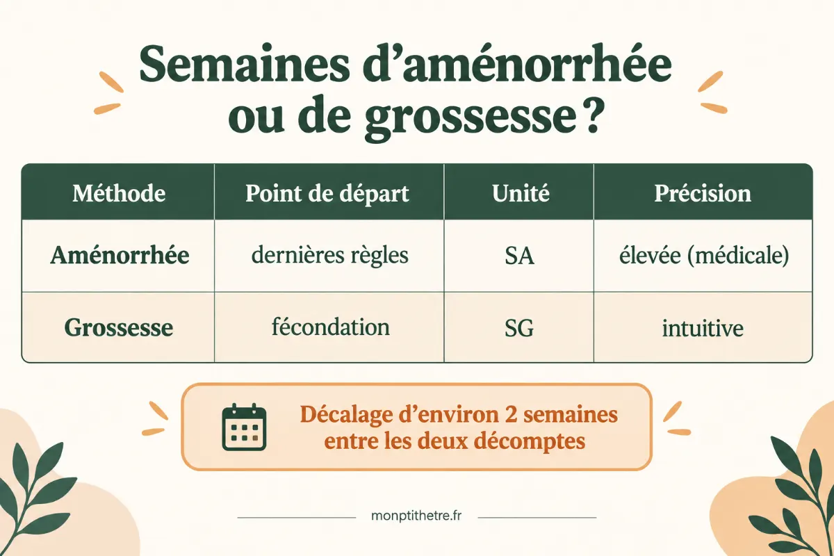 Infographie comparant semaines d’aménorrhée et semaines de grossesse : point de départ, unité et précision