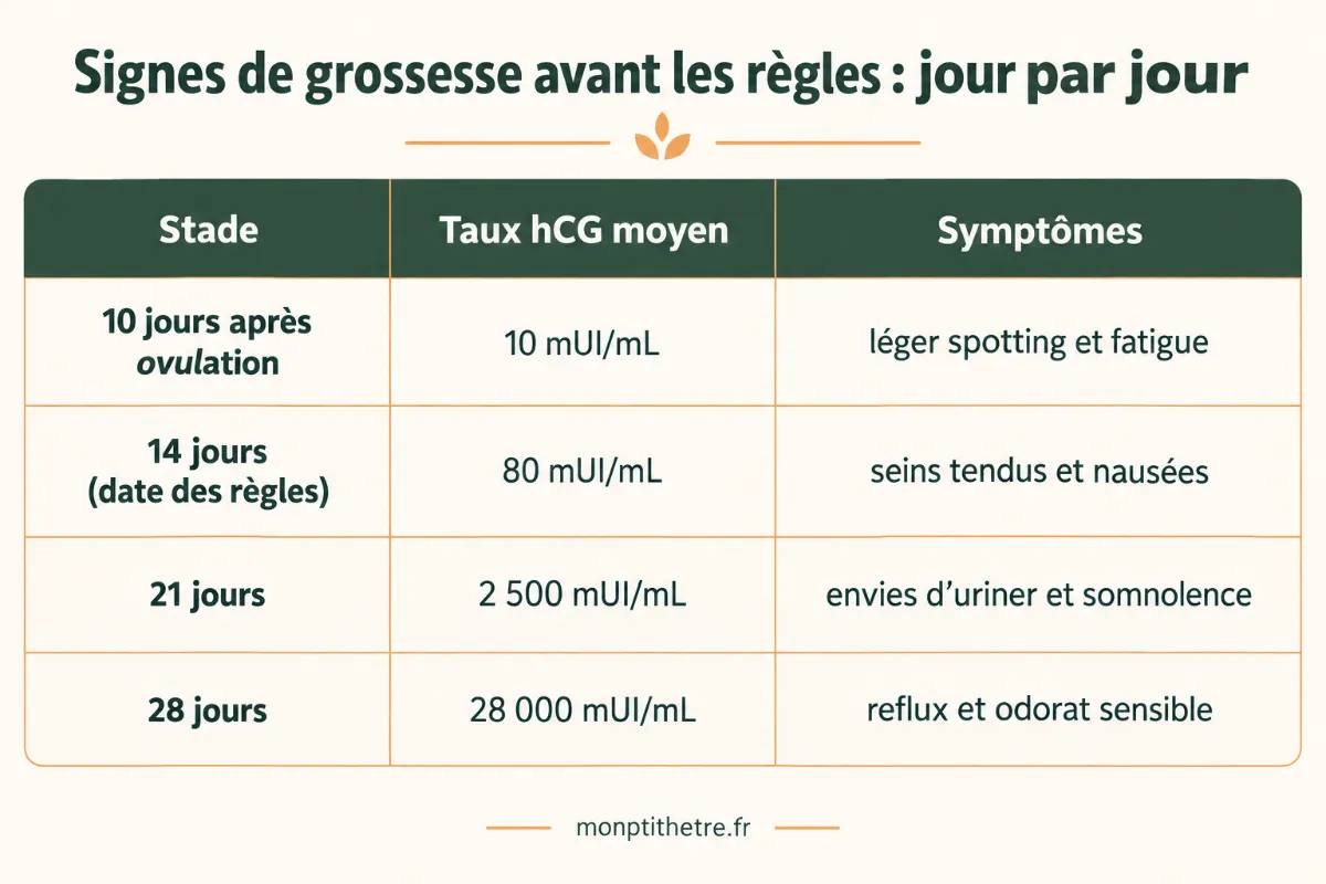 Infographie des signes de grossesse avant les règles : taux hCG et symptômes jour par jour