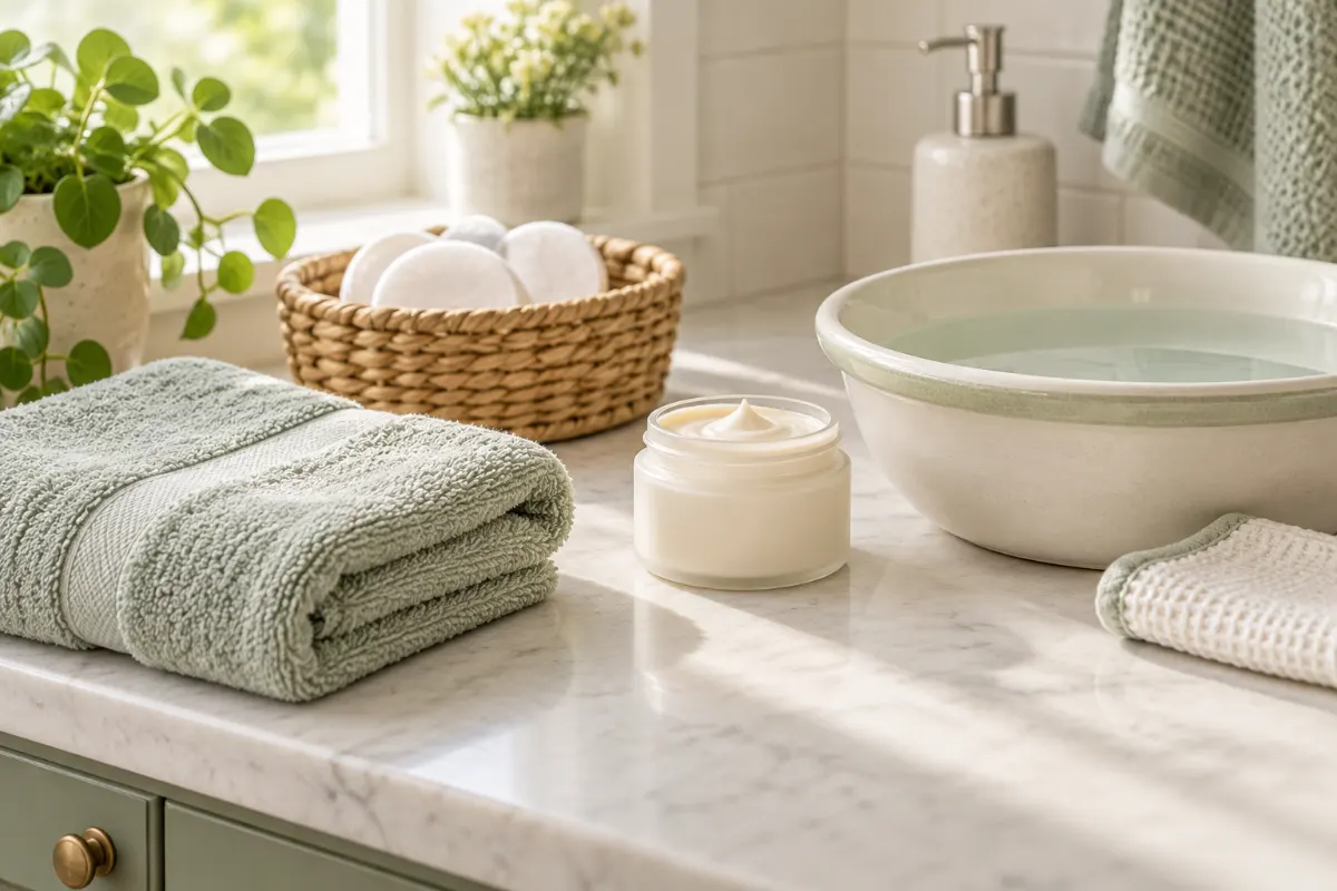 Trousse de soins du siège de bébé : serviette douce, cotons, crème protectrice et cuvette d’eau tiède