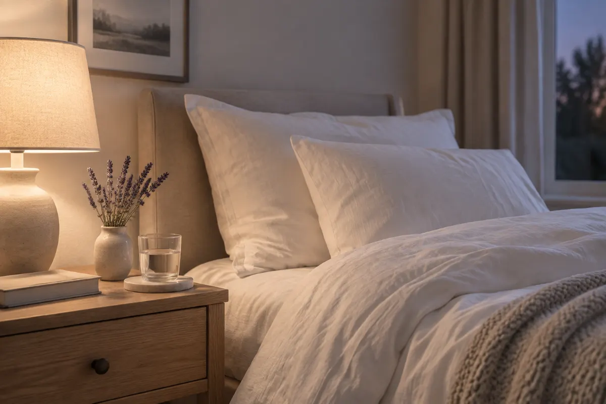 Chambre apaisante avec linge de lit blanc et lavande pour mieux dormir pendant la périménopause
