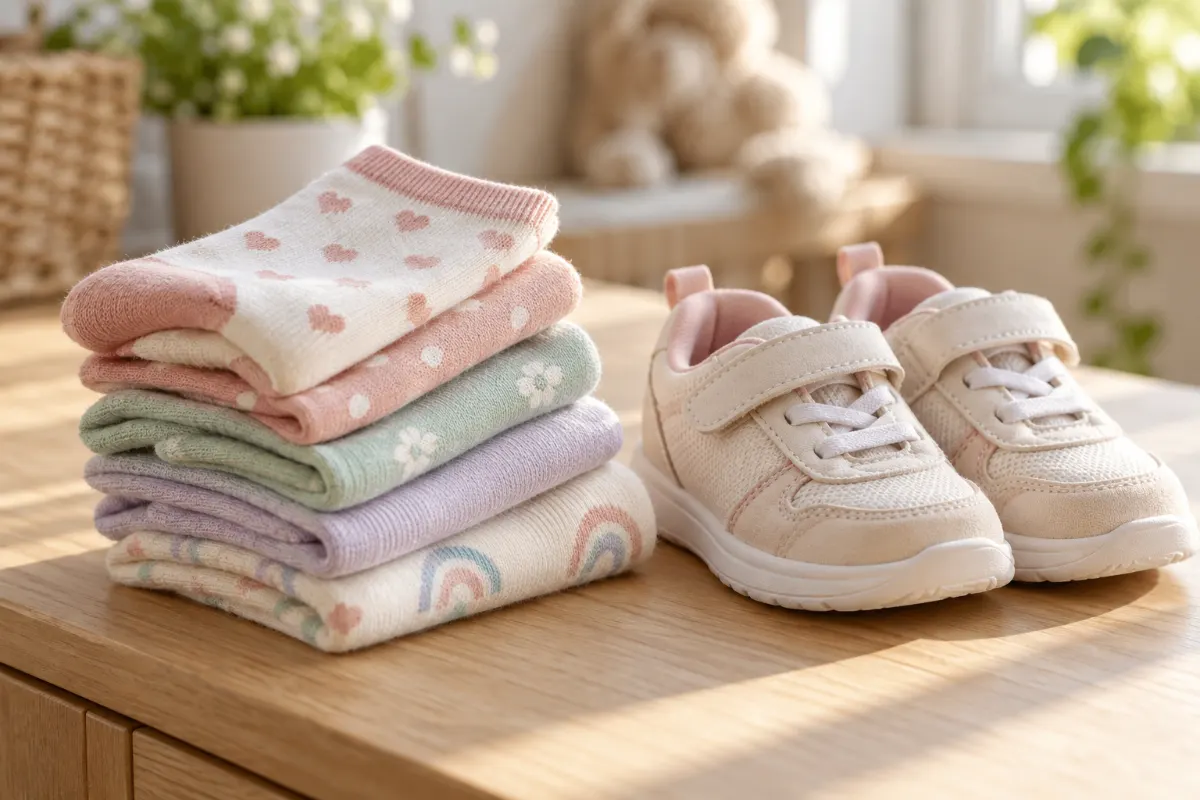 Chaussettes en coton pour enfant pliées à côté de petites baskets
