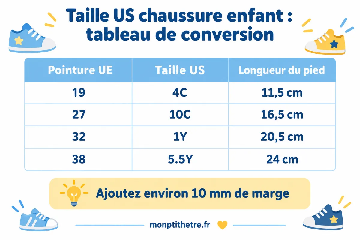 Tableau de conversion des tailles US de chaussures enfant : pointure UE 19, 27, 32 et 38 avec taille US et longueur du pied
