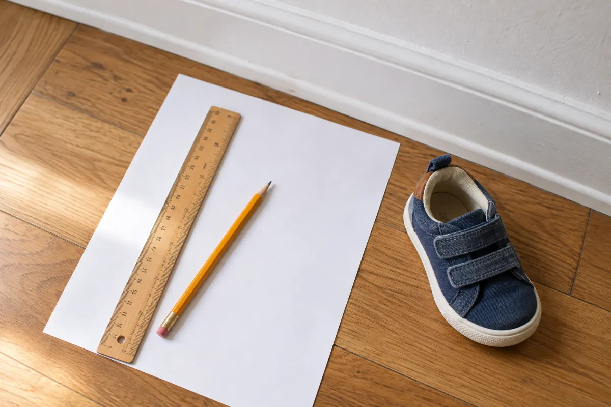 Feuille de papier, règle et crayon posés contre un mur pour mesurer le pied d’un enfant