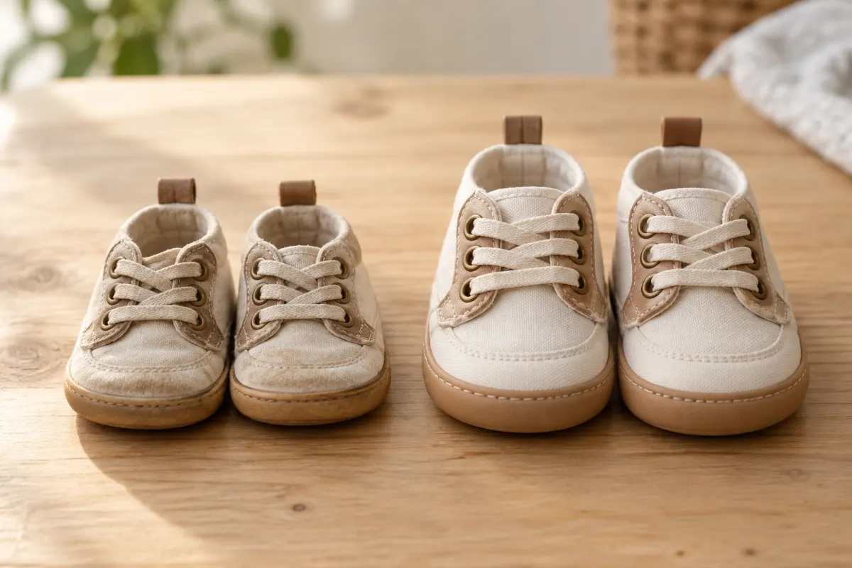 Comparaison entre une paire de chaussures bébé usée et une paire neuve pour savoir quand changer de pointure