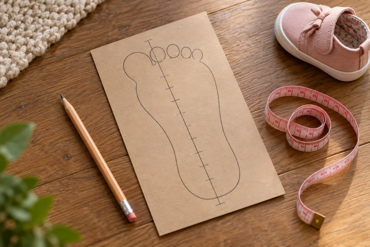 Gabarit papier et mètre ruban pour mesurer la longueur du pied de bébé avant d’acheter des chaussures