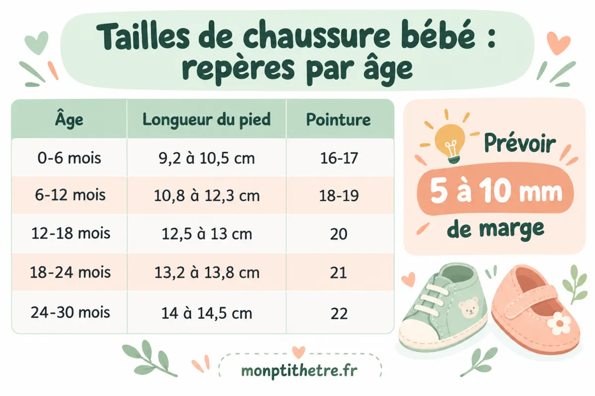Infographie du tableau des tailles de chaussure bébé : longueur du pied en cm, pointure et âge de 0 à 30 mois