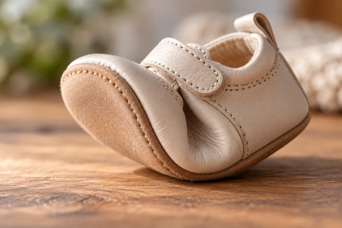 Semelle souple et flexible d’une chaussure de bébé pliée entre les mains pour tester sa souplesse