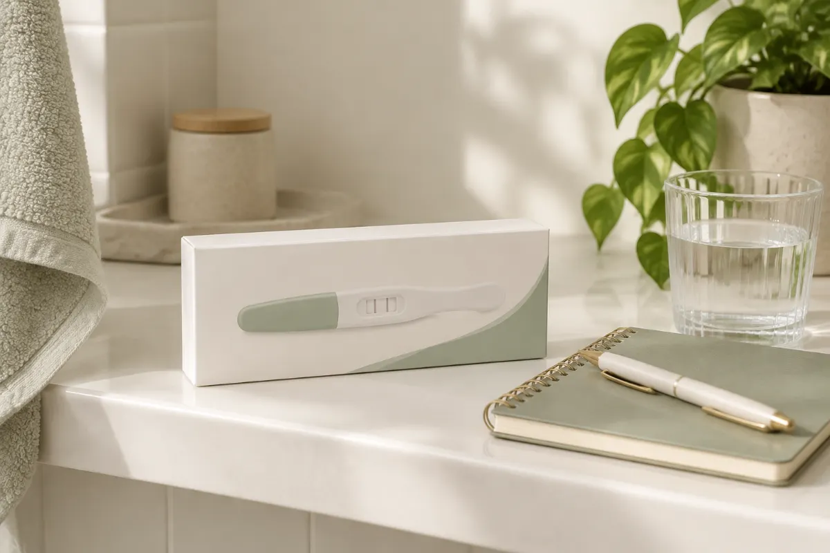 Boîte de test de grossesse, carnet et verre d’eau sur une étagère lumineuse