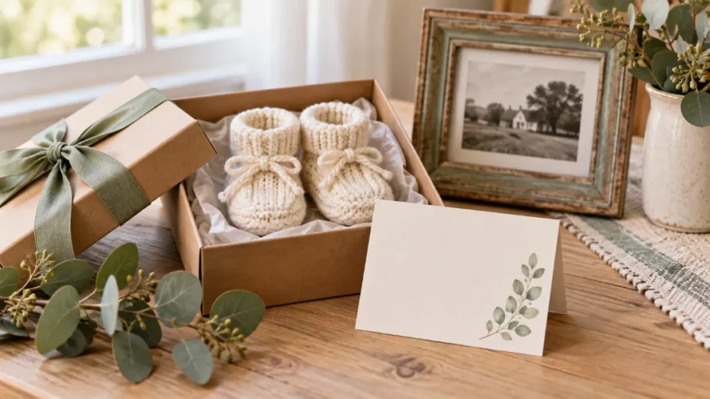 Coffret d’annonce de grossesse pour grands-parents avec chaussons tricotés, carte manuscrite et cadre photo