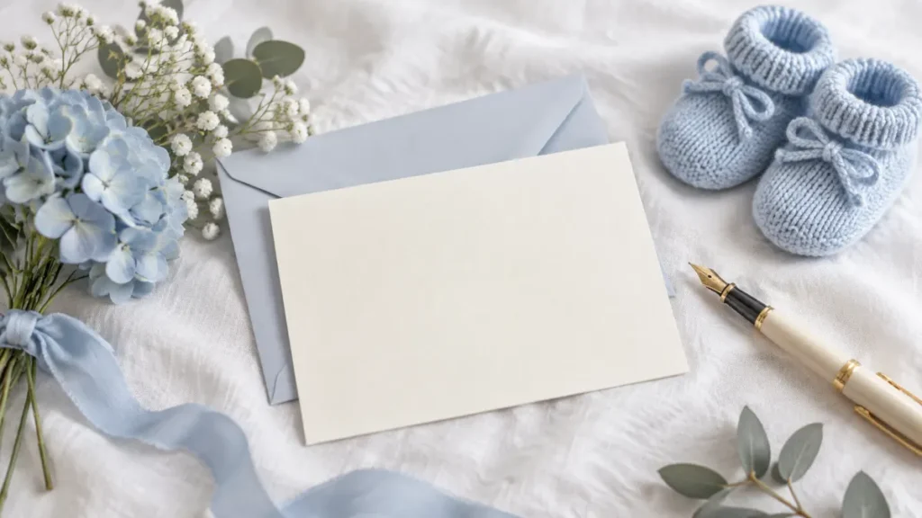 Carte vierge, enveloppe, stylo et fleurs bleu pâle avec chaussons bleus pour un message de naissance d’un garçon