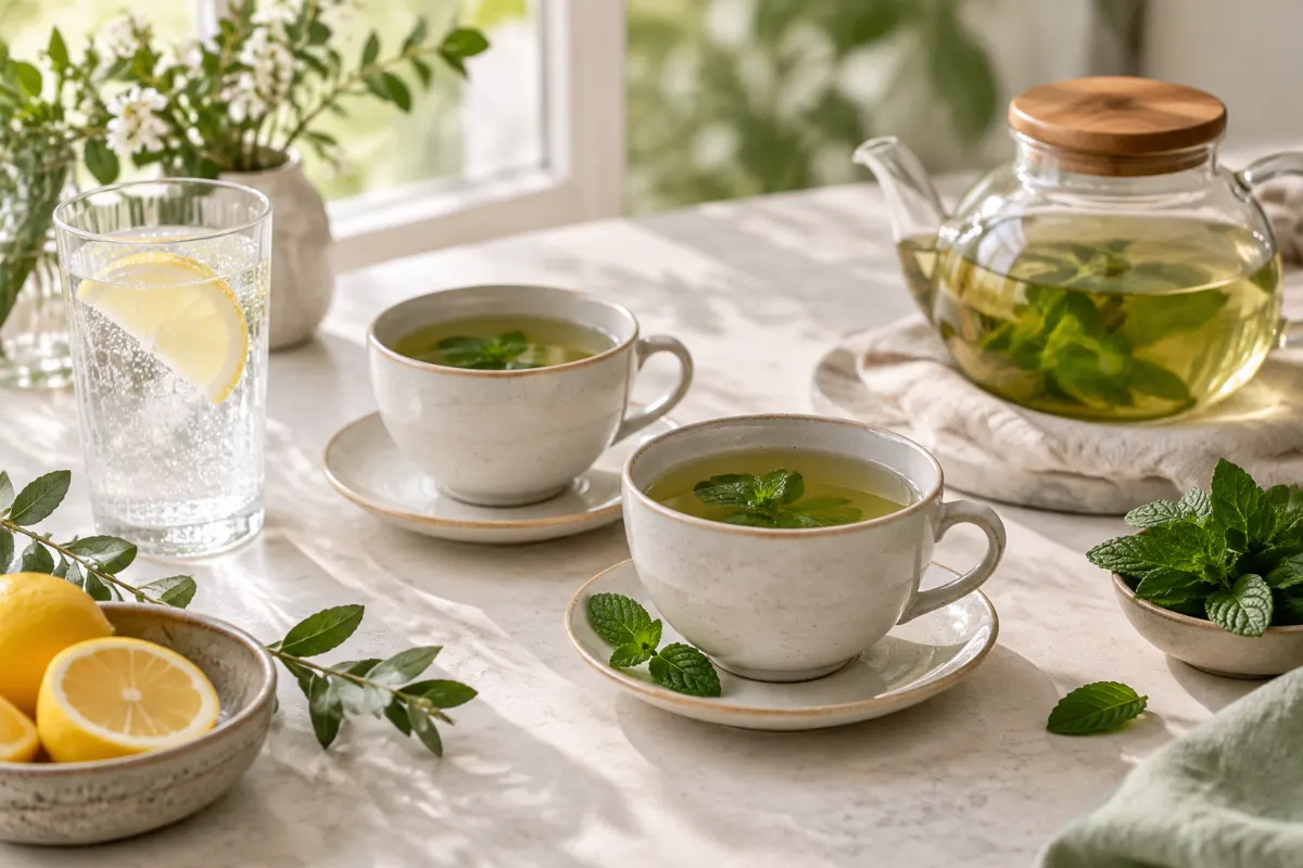 Tasses de tisane à la menthe, eau pétillante au citron et théière pour boissons pendant la grossesse