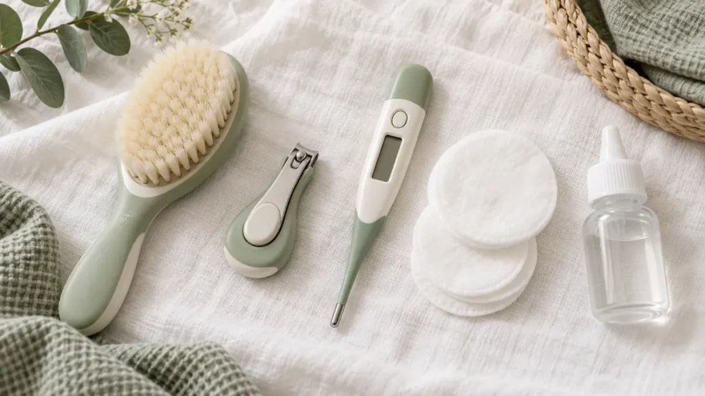 Accessoires de soins pour bébé : brosse douce, coupe-ongles, thermomètre et cotons sur un linge blanc