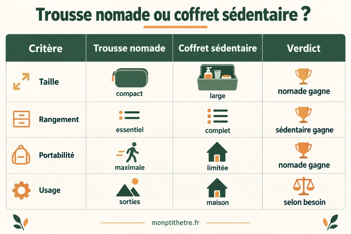 Infographie comparant trousse de soins nomade et coffret sédentaire : taille, rangement, portabilité et usage