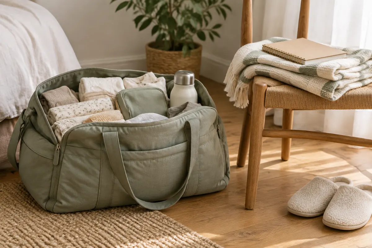 Valise de maternité préparée près d’une chaise en bois avec couverture pliée et carnet
