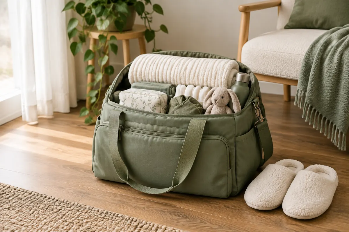 Valise de maternité préparée avec couverture crème et chaussons posée près d’une chaise
