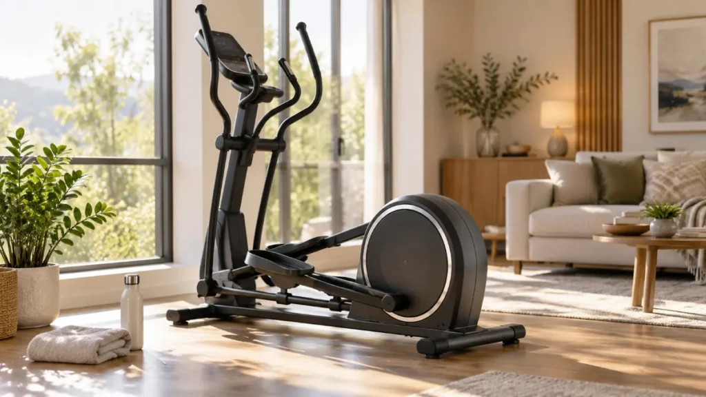 Vélo elliptique installé dans un salon lumineux pour une pratique quotidienne pendant un mois