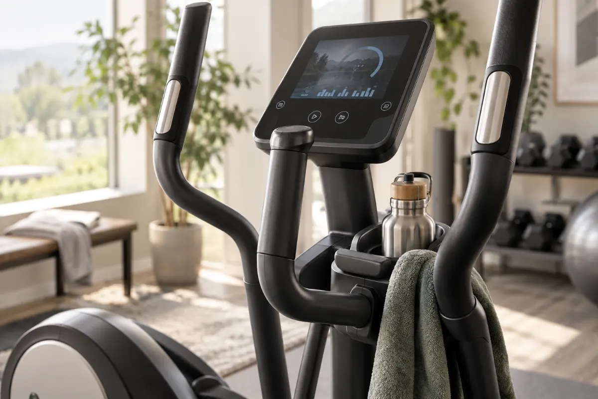 Poignées mobiles et console d’un vélo elliptique pour engager le haut du corps pendant l’entraînement