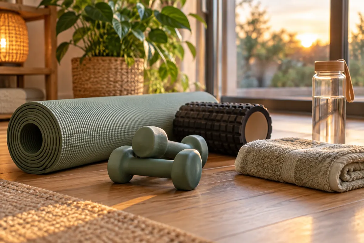 Coin de récupération active à domicile avec tapis de yoga, rouleau de massage et haltères légers pour un programme de vélo elliptique