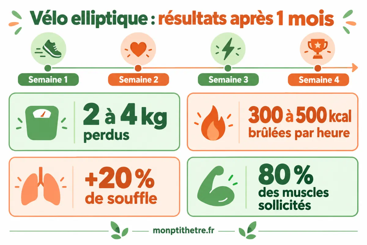 Infographie des résultats du vélo elliptique après 1 mois : 2 à 4 kg perdus, 300 à 500 kcal par heure, +20 % de souffle, 80 % des muscles sollicités