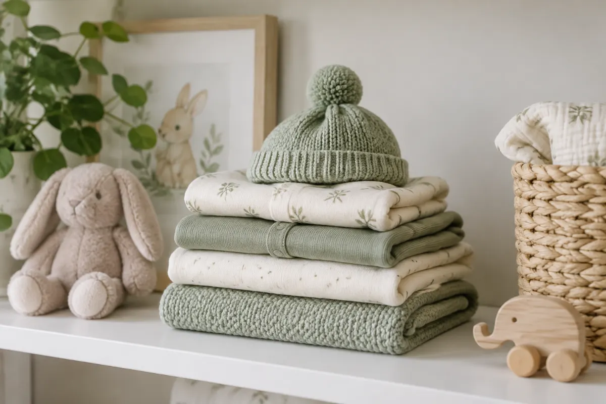 Pile de vêtements de naissance pliés avec un petit bonnet tricoté sur une étagère blanche