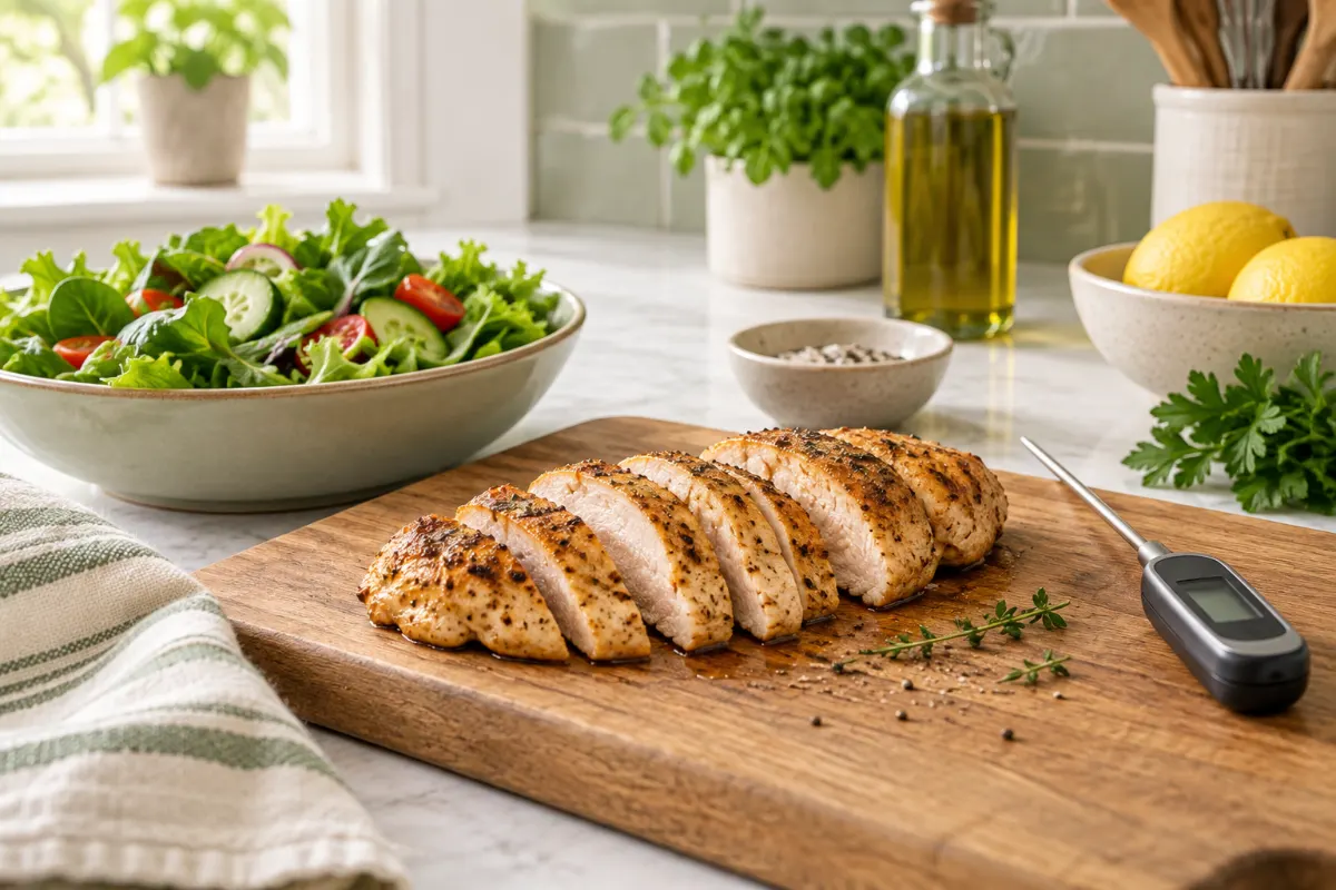 Poulet bien cuit, salade de légumes lavés et thermomètre de cuisine pour prévenir la toxoplasmose
