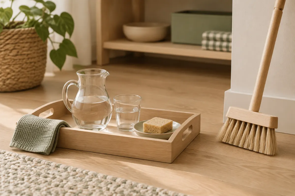 Plateau de vie pratique avec petite carafe, verre et éponge à côté d’un balai d’enfant