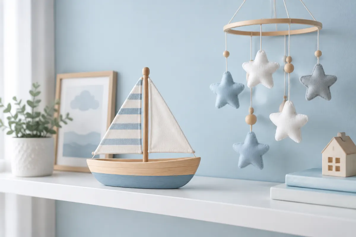 Voilier en bois et mobile d’étoiles en coton sur une étagère blanche devant un mur bleu pâle
